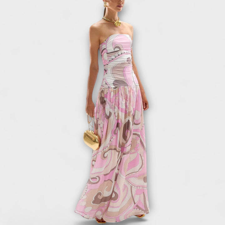Isabelle | Atemberaubendes pastellfarbenes schulterfreies Maxikleid