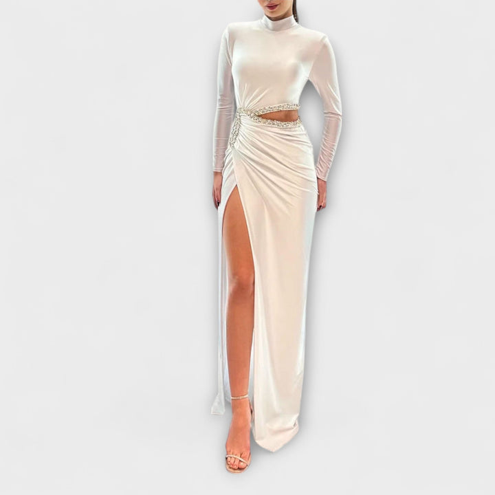 Ruth | Weißes Langarmkleid mit Taillenausschnitt und Strassakzenten