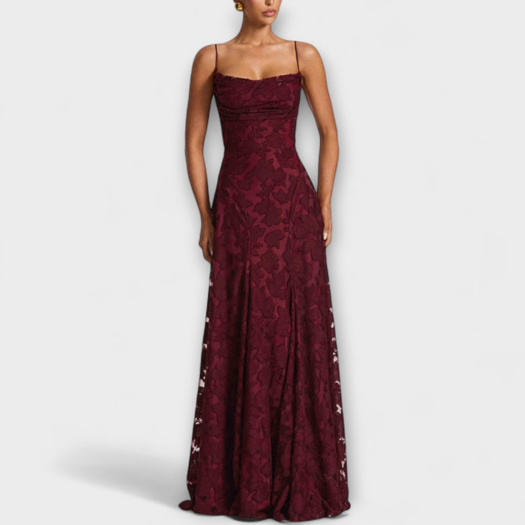 Margit | Schickes floral-Spitzen-Maxikleid mit Spaghettiträgern