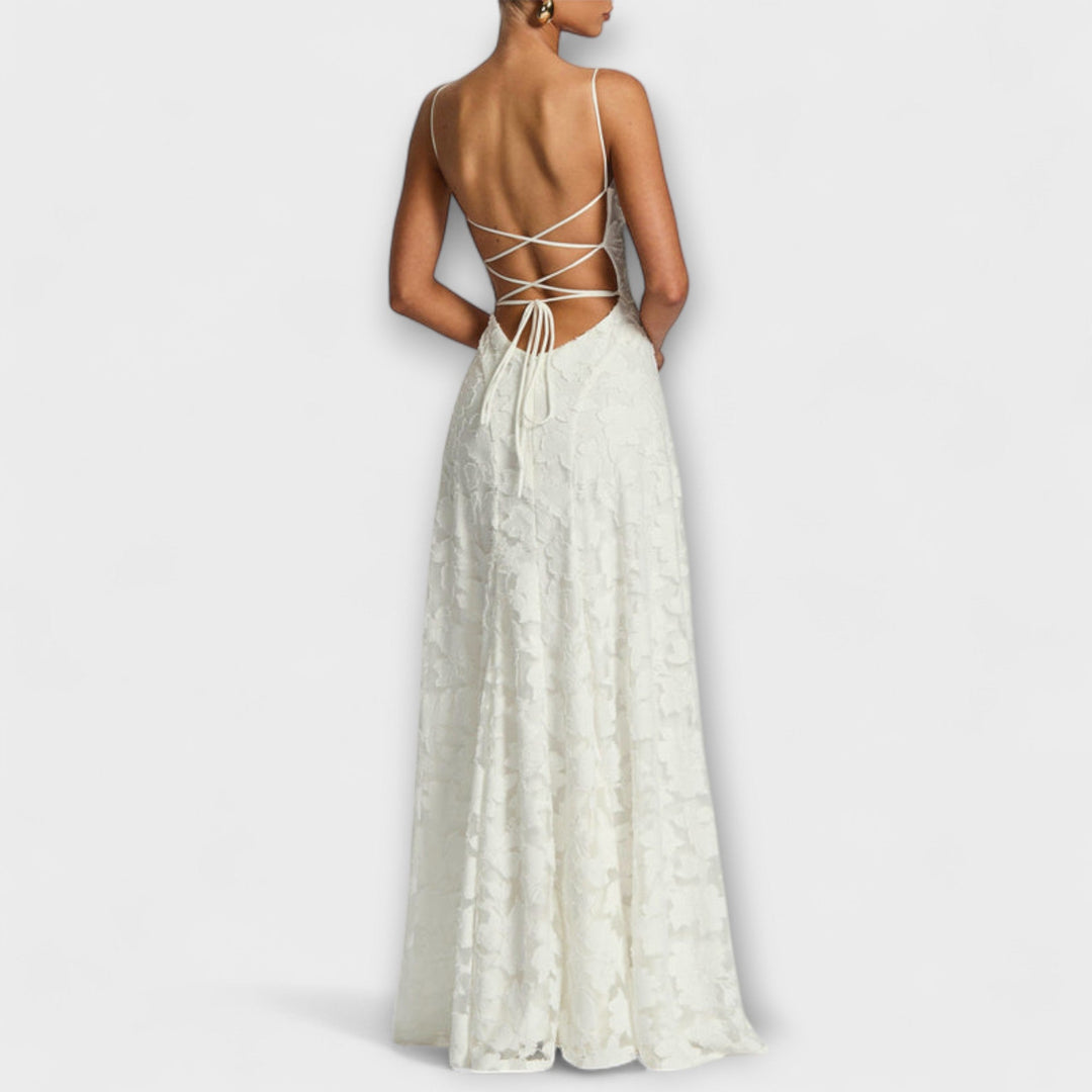 Margit | Schickes floral-Spitzen-Maxikleid mit Spaghettiträgern