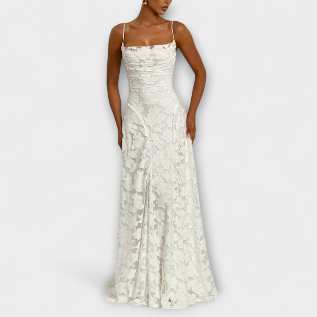 Margit | Schickes floral-Spitzen-Maxikleid mit Spaghettiträgern