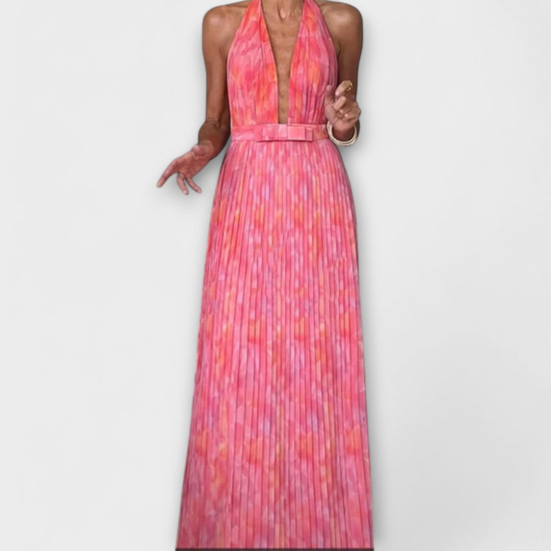 Mathilda | Schickes Halter Neck V-Ausschnitt Plissiertes Maxikleid
