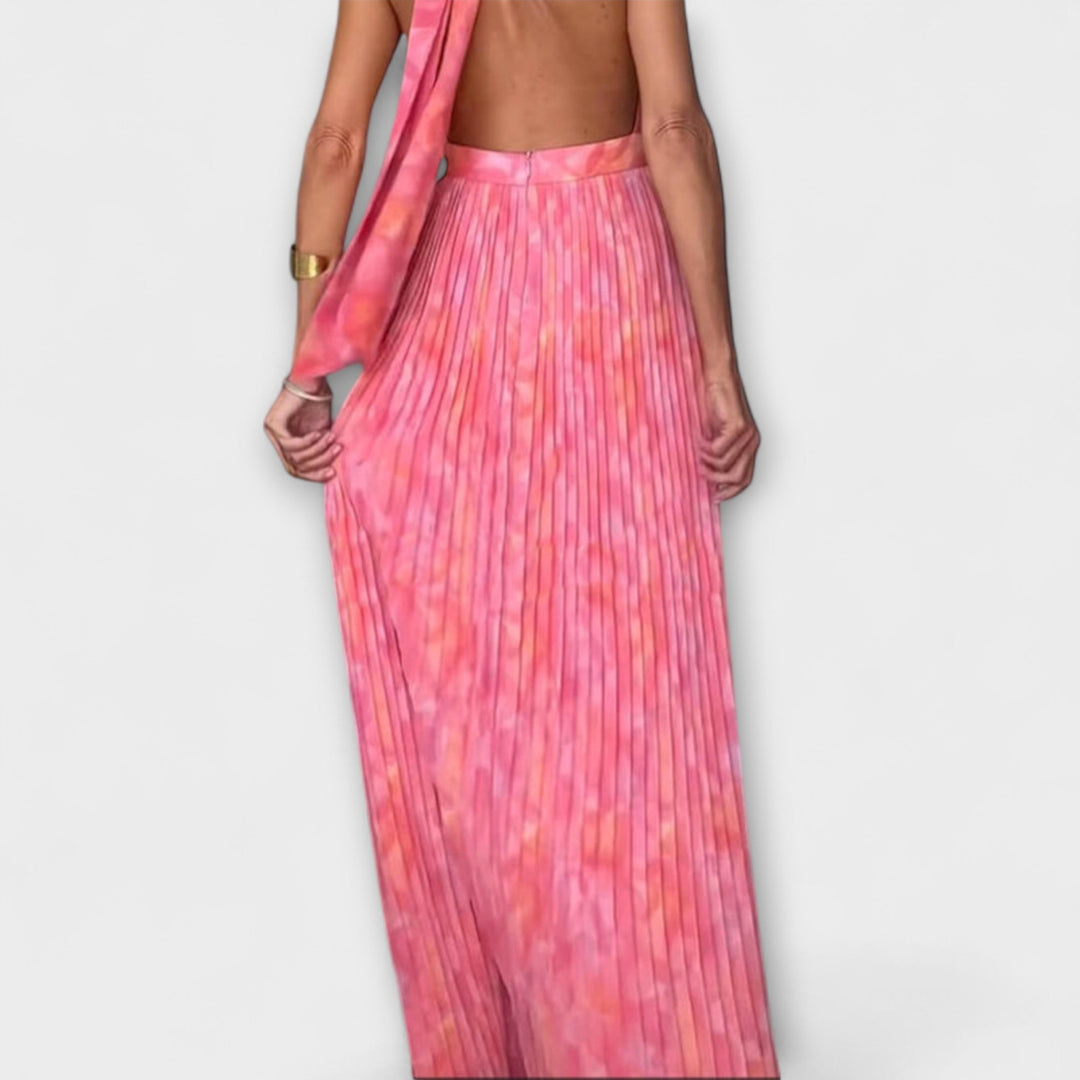 Mathilda | Schickes Halter Neck V-Ausschnitt Plissiertes Maxikleid