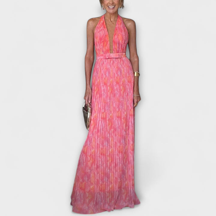 Mathilda | Schickes Halter Neck V-Ausschnitt Plissiertes Maxikleid