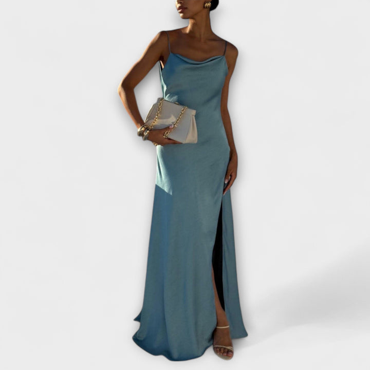 Melanie | Schickes Satin-Maxikleid mit hohem Schlitz
