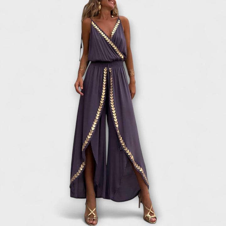 Sylvia | Donatila V-Ausschnitt Overall mit Stickerei und offenen Beinen