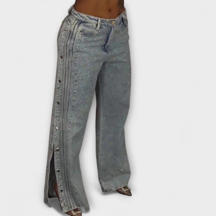 Thea | Mit Strass verzierten High-Waisted Jeans mit seitlichen Knöpfen