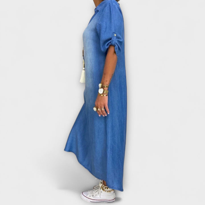 Gunda | Langes Jeans-Look Kleid mit Seitenschlitz