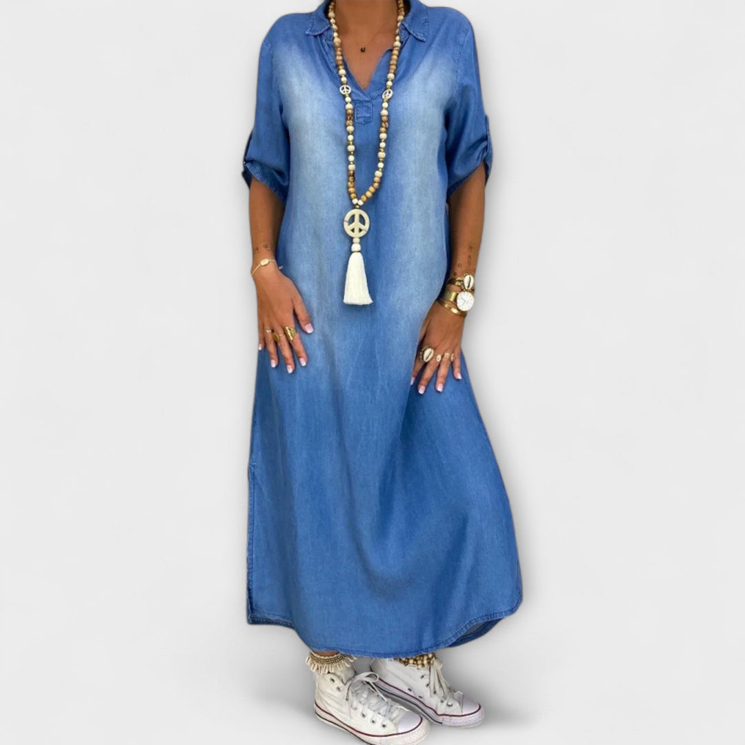 Gunda | Langes Jeans-Look Kleid mit Seitenschlitz