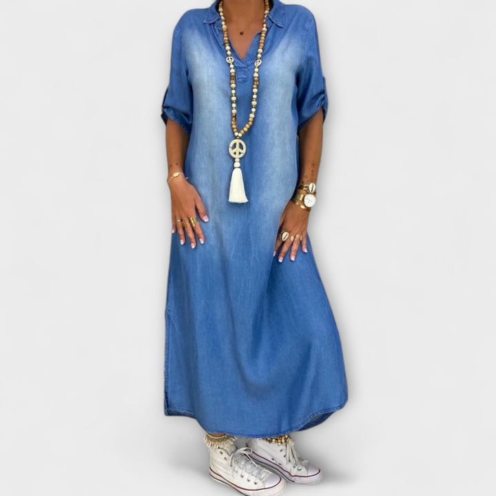 Gunda | Langes Jeans-Look Kleid mit Seitenschlitz