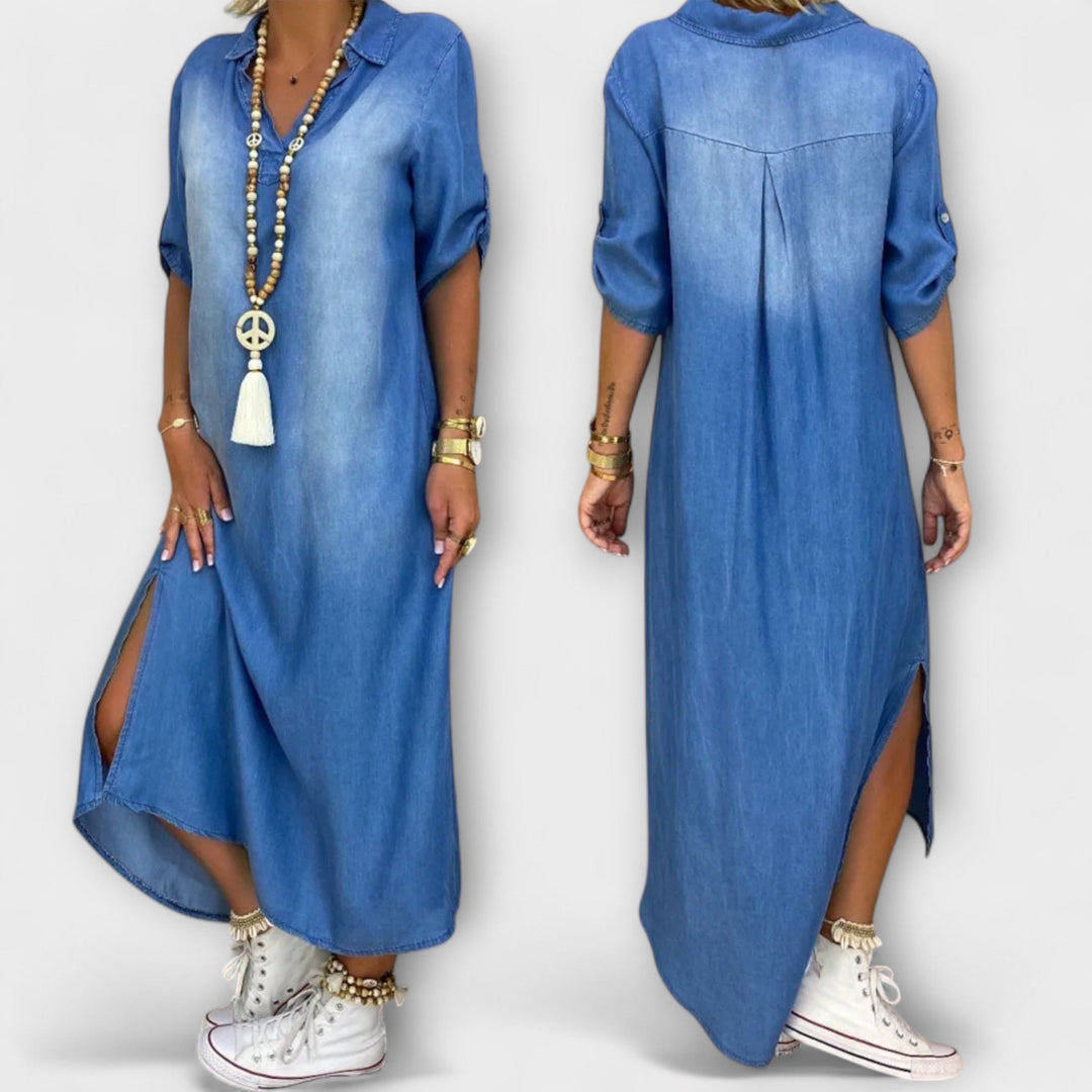 Gunda | Langes Jeans-Look Kleid mit Seitenschlitz