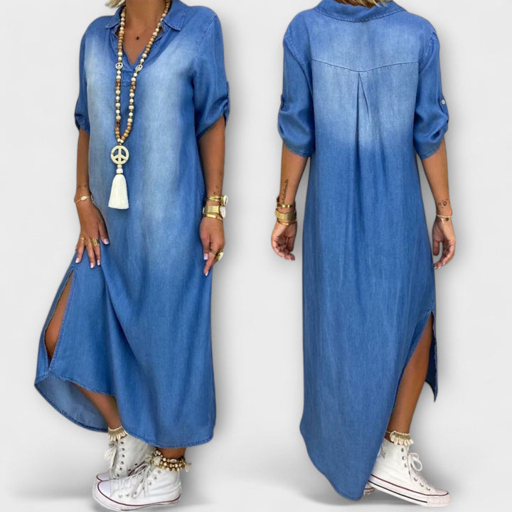 Gunda | Langes Jeans-Look Kleid mit Seitenschlitz