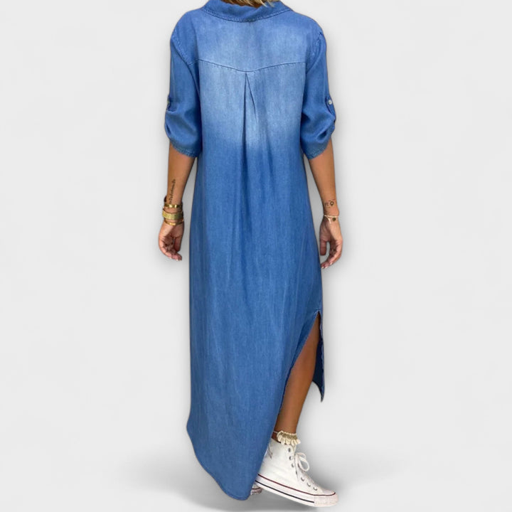 Gunda | Langes Jeans-Look Kleid mit Seitenschlitz