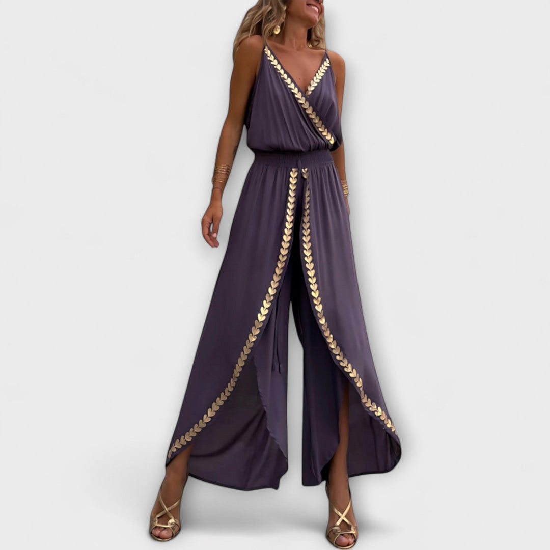 Sylvia | Donatila V-Ausschnitt Overall mit Stickerei und offenen Beinen