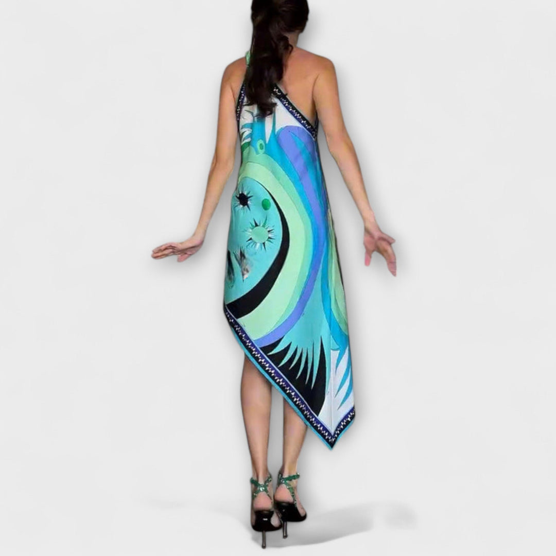 Hella | Einzigartiges Druck Satin-Midi-Kleid mit asymmetrischem Saum