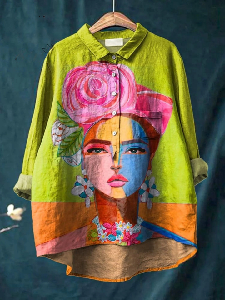Elena | Lässiges T-Shirt mit Frida-Porträt in Ölmalerei-Druck