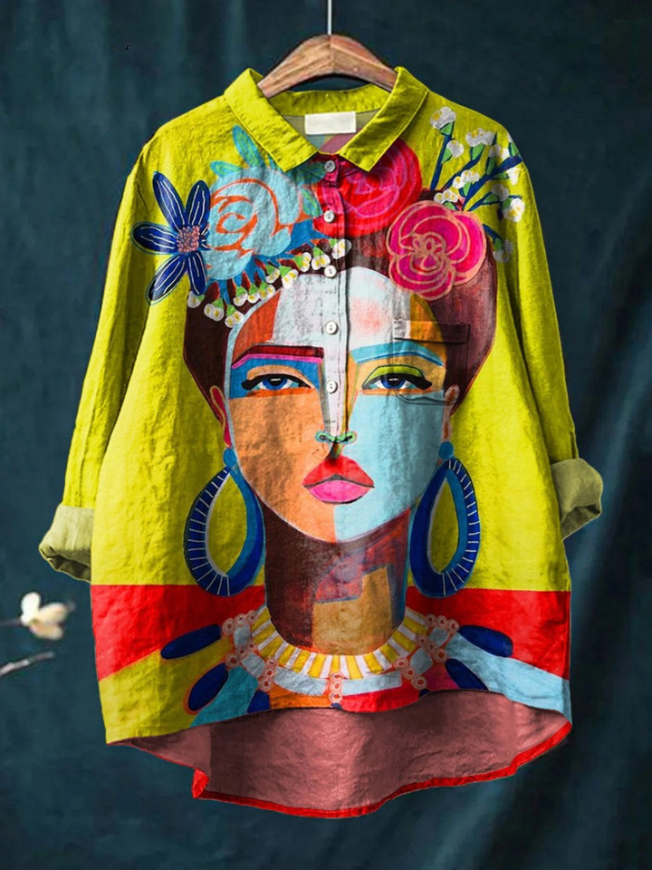 Elena | Lässiges T-Shirt mit Frida-Porträt in Ölmalerei-Druck