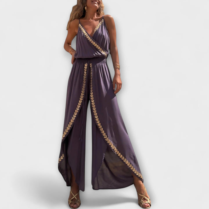 Sylvia | Donatila V-Ausschnitt Overall mit Stickerei und offenen Beinen
