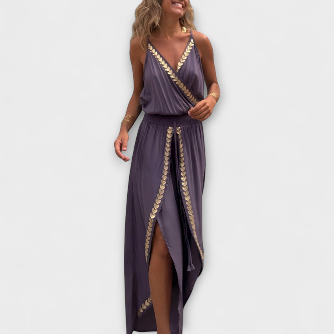 Sylvia | Donatila V-Ausschnitt Overall mit Stickerei und offenen Beinen