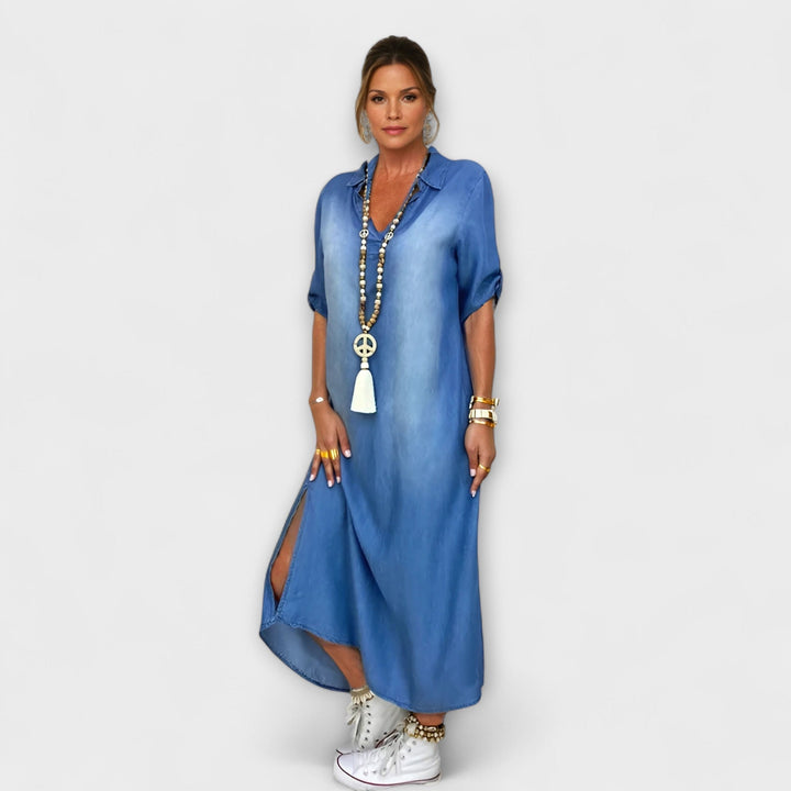 Gunda | Langes Jeans-Look Kleid mit Seitenschlitz
