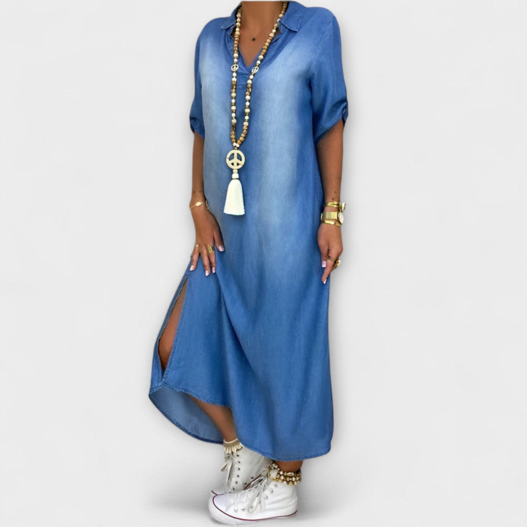 Gunda | Langes Jeans-Look Kleid mit Seitenschlitz