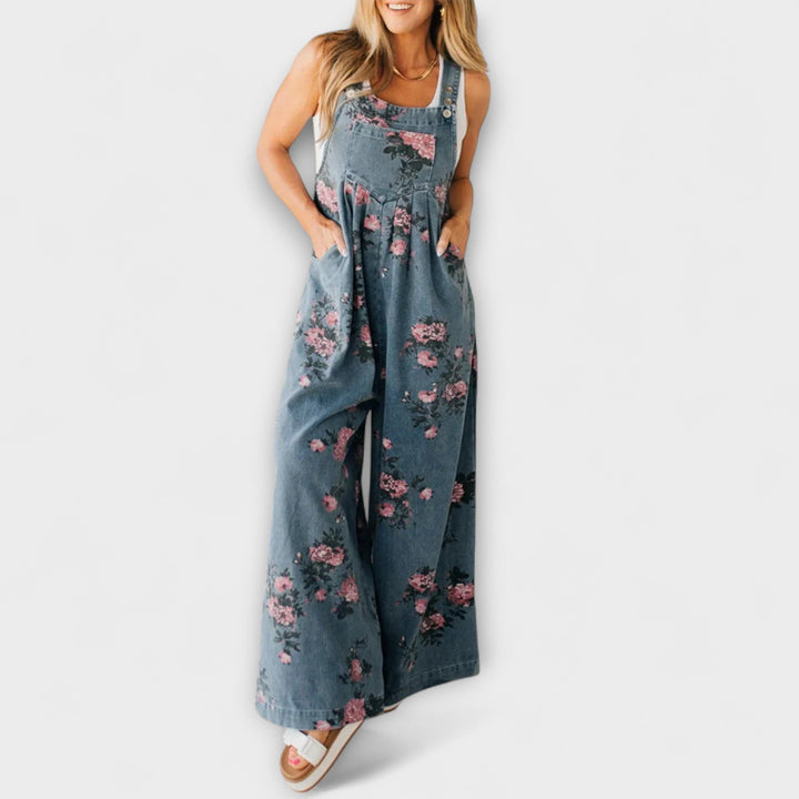 Susanne | Blumenmuster Weite Jeans Latzhose