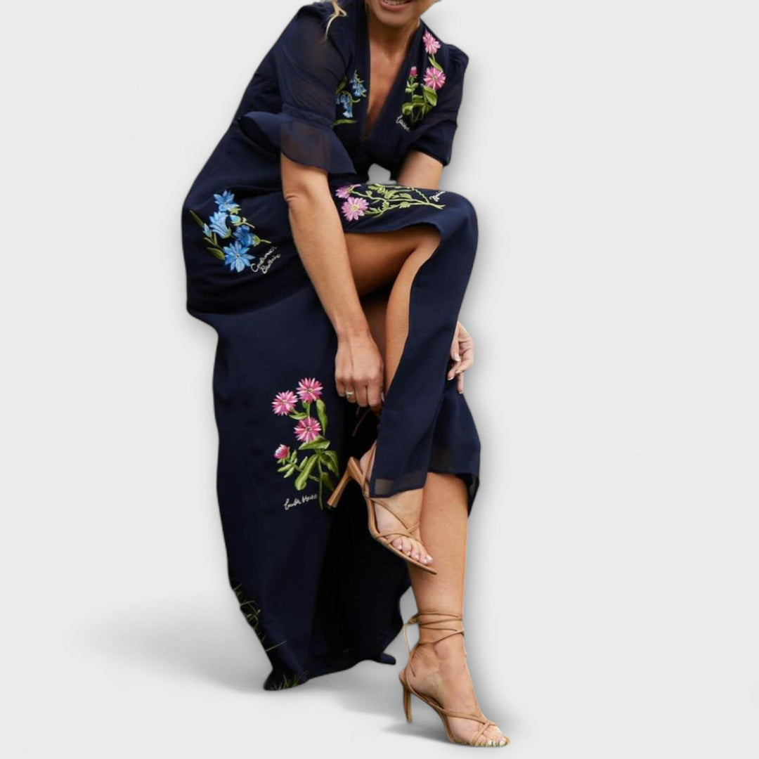 Trude | Elegantes Navy Blau Kleid mit floralstickerei