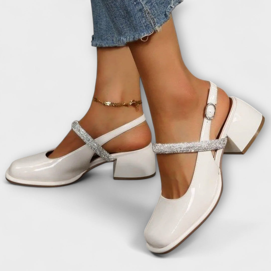 Margarete | Mary Janes mit Glitzer-Riemen und Blockabsatz