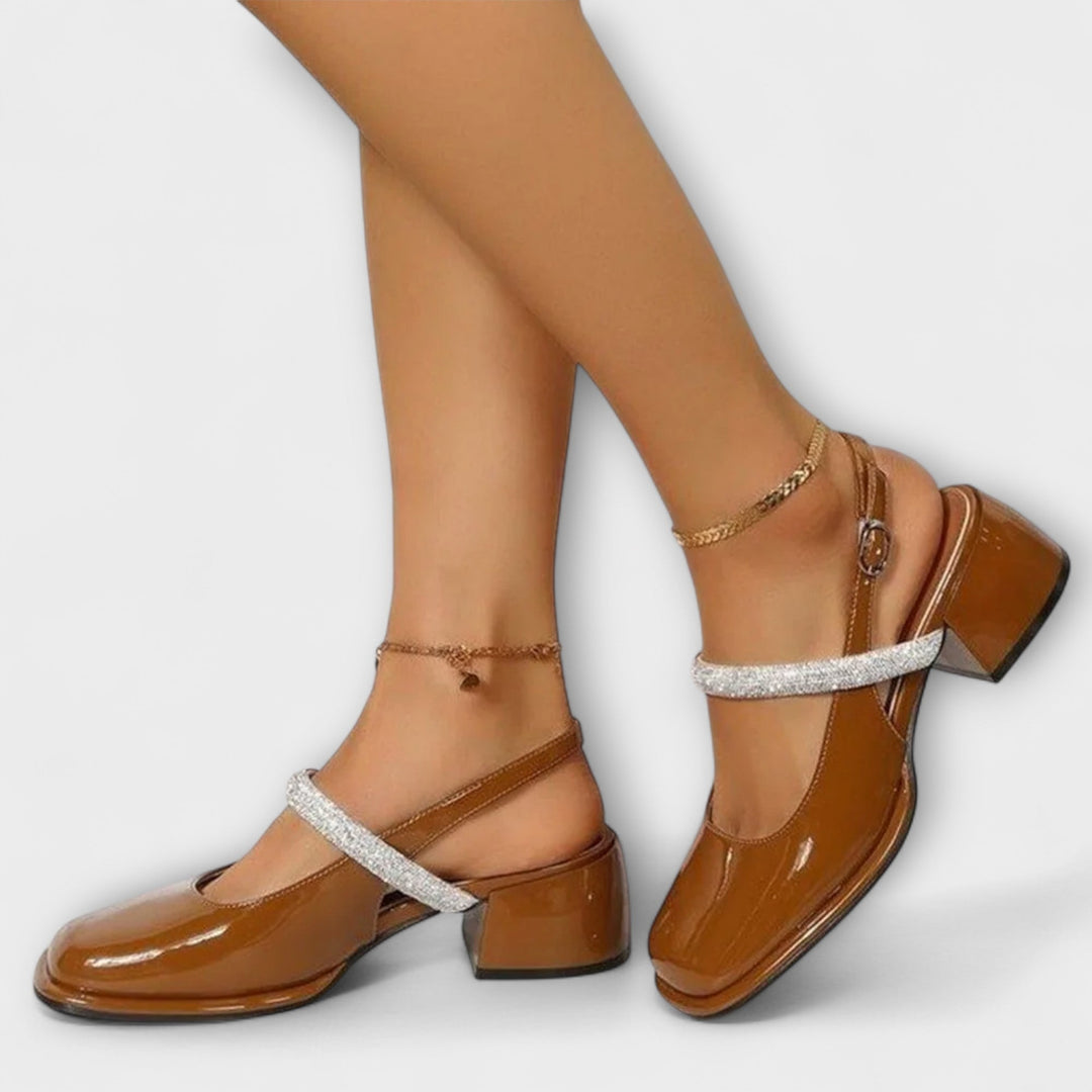 Margarete | Mary Janes mit Glitzer-Riemen und Blockabsatz