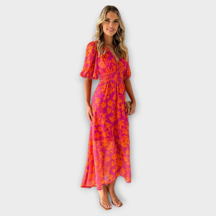 Henrike | Midi-Kleid mit V-Ausschnitt, Blumenmuster und Puffärmeln