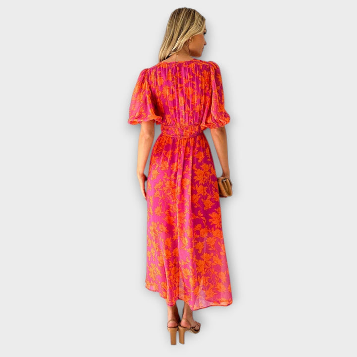 Henrike | Midi-Kleid mit V-Ausschnitt, Blumenmuster und Puffärmeln