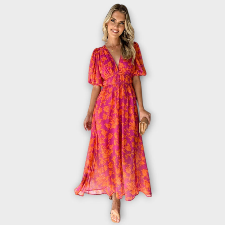 Henrike | Midi-Kleid mit V-Ausschnitt, Blumenmuster und Puffärmeln