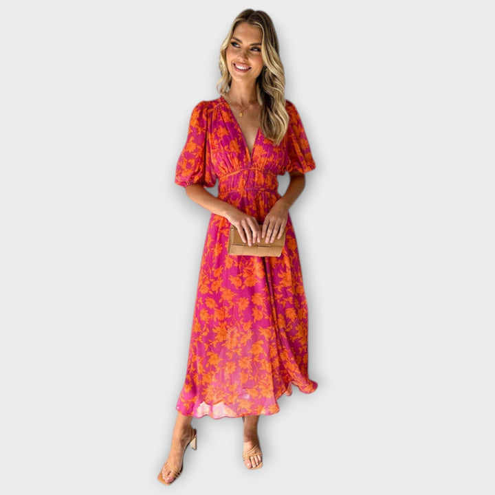 Henrike | Midi-Kleid mit V-Ausschnitt, Blumenmuster und Puffärmeln