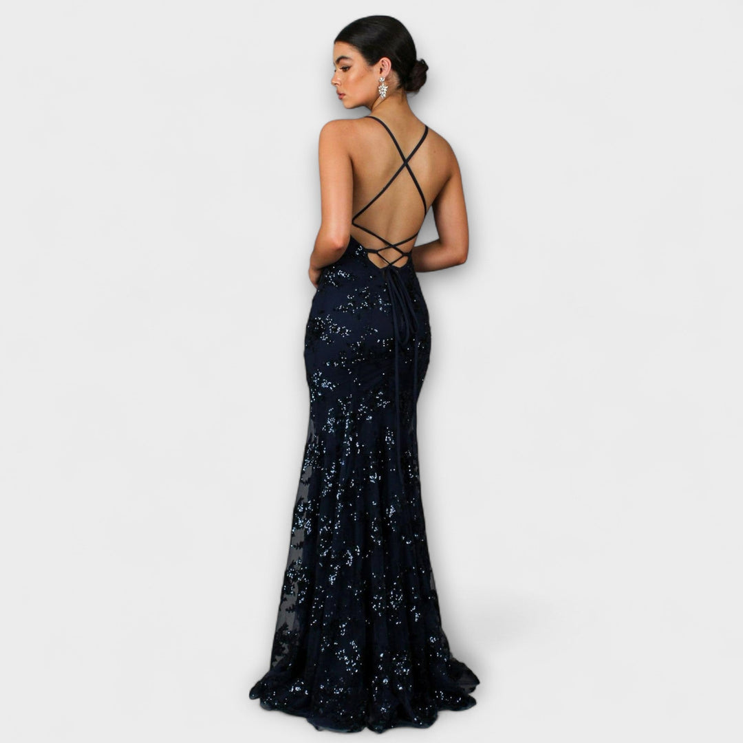 Anneliese | Rückenfreies Maxikleid mit Pailletten-V-Ausschnitt