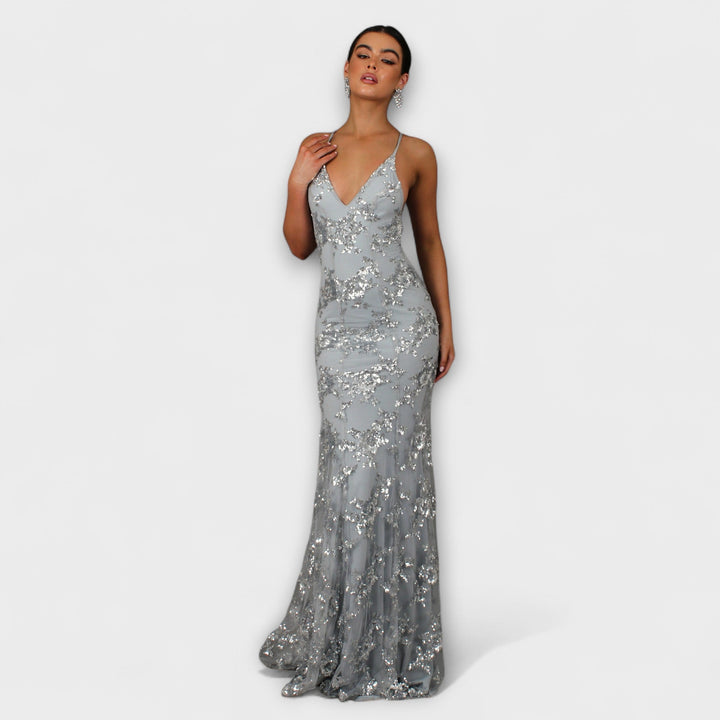 Anneliese | Rückenfreies Maxikleid mit Pailletten-V-Ausschnitt