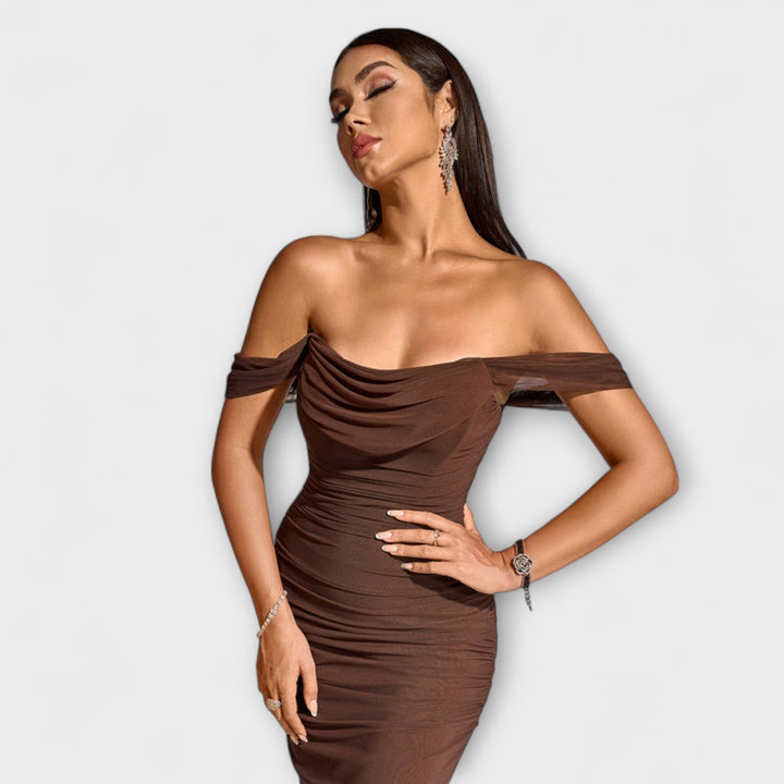 Solveig | schulterfrei Raffung figurbetont Kleid
