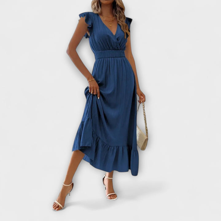 Doris | Maxikleid mit gerüschten Ärmeln und tiefem V-Ausschnitt