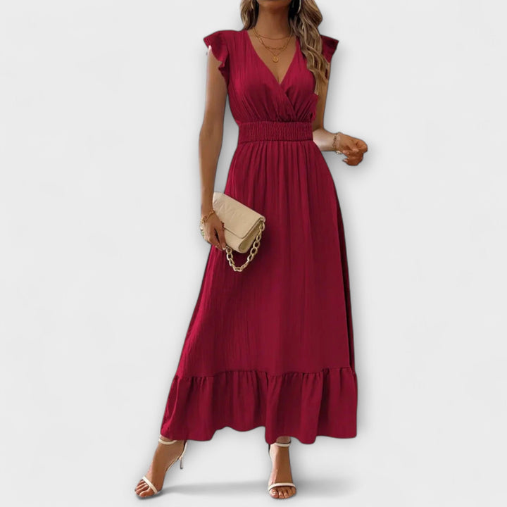 Doris | Maxikleid mit gerüschten Ärmeln und tiefem V-Ausschnitt