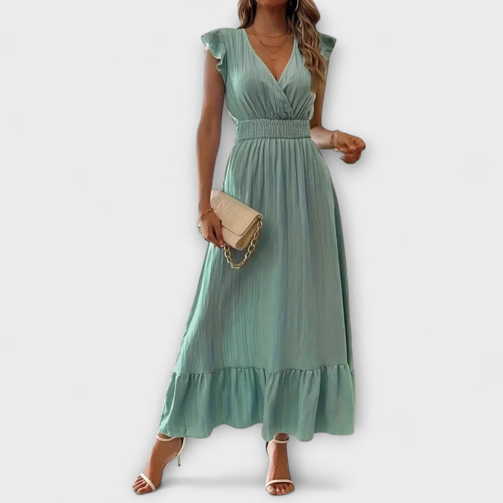 Doris | Maxikleid mit gerüschten Ärmeln und tiefem V-Ausschnitt