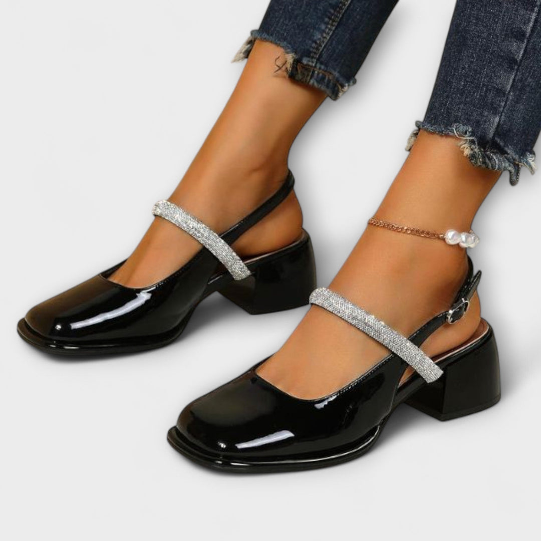 Margarete | Mary Janes mit Glitzer-Riemen und Blockabsatz