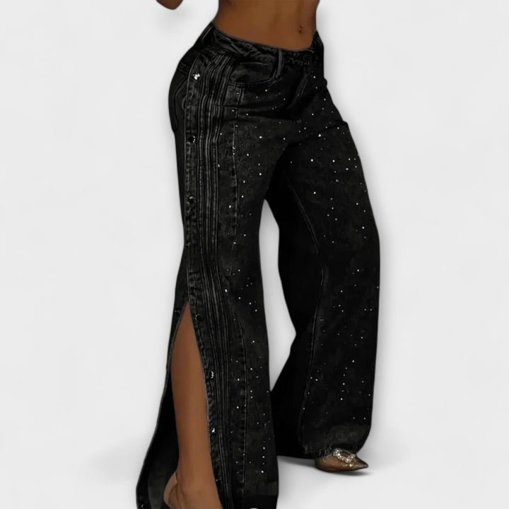 Thea | Mit Strass verzierten High-Waisted Jeans mit seitlichen Knöpfen
