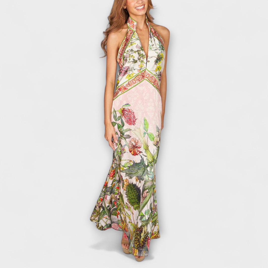 Helena | Blumenmuster Ärmelloses Offenes Rücken Maxikleid