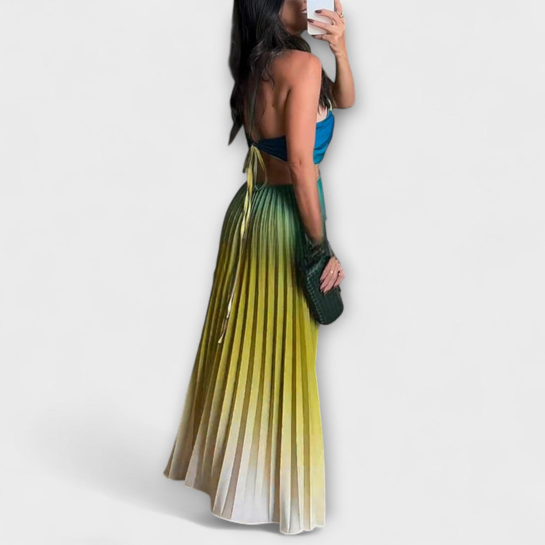 Hanna | Schickes Rückfreies Krawatten-Gradient Faltenmaxikleid