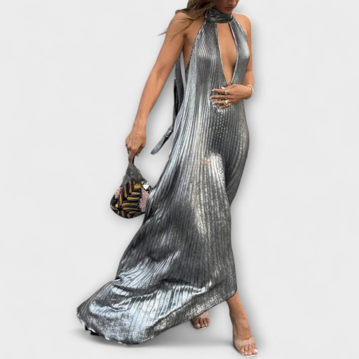 Anke | Metallic Falten A-Linie Maxikleid