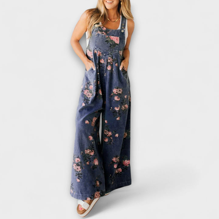 Susanne | Blumenmuster Weite Jeans Latzhose