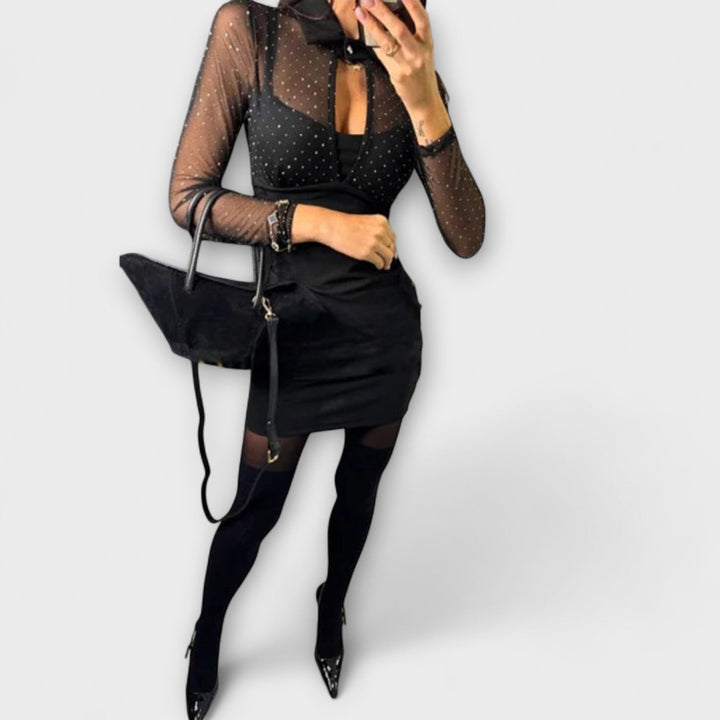 Jule | Minikleid mit Netz-Glitzer-Ausschnitt und Stretch-Stoff