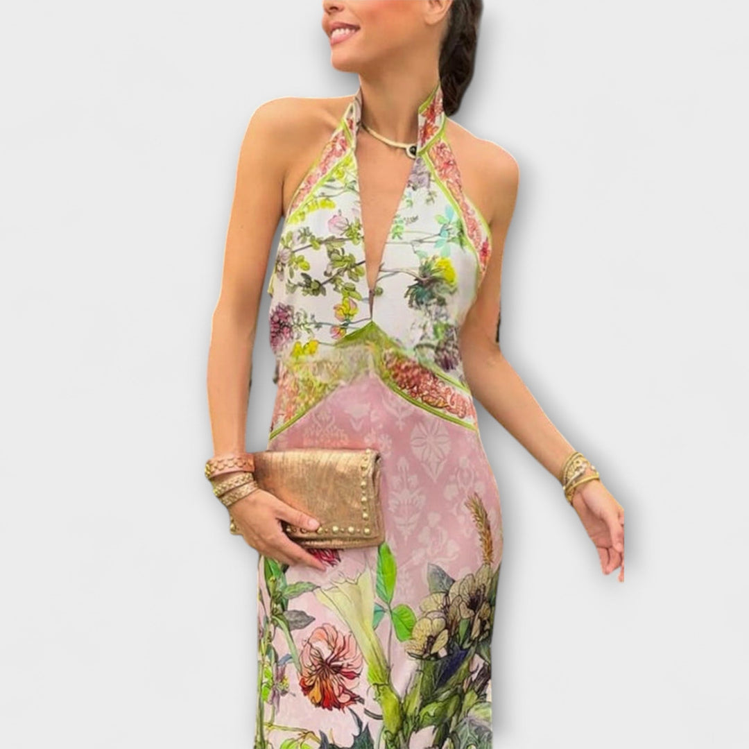 Helena | Blumenmuster Ärmelloses Offenes Rücken Maxikleid