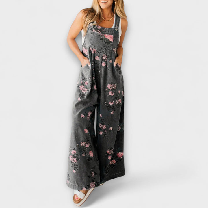 Susanne | Blumenmuster Weite Jeans Latzhose