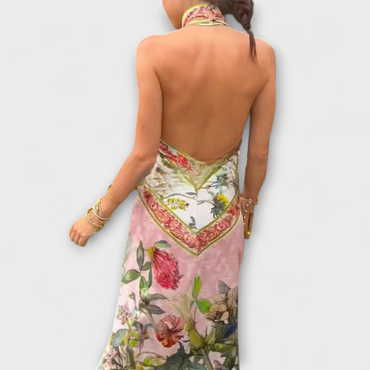 Helena | Blumenmuster Ärmelloses Offenes Rücken Maxikleid