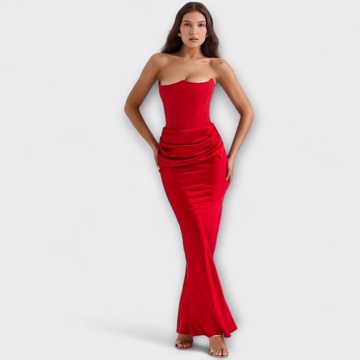 Lina | Schulterfreies Satin-Maxikleid mit Drapierung